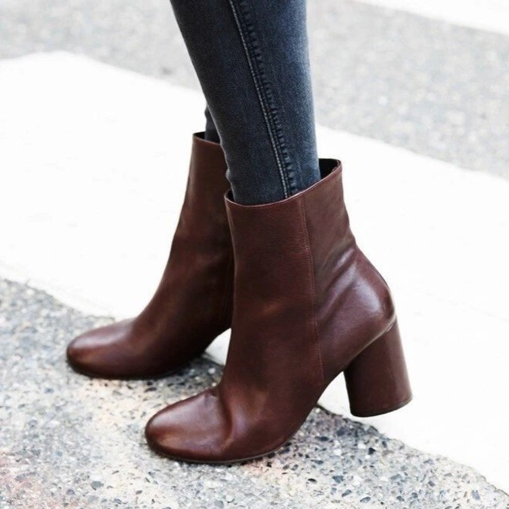Free People Burgundy Leather Block Heel Ankle Boot Round Toe Side Zip Booties 39
